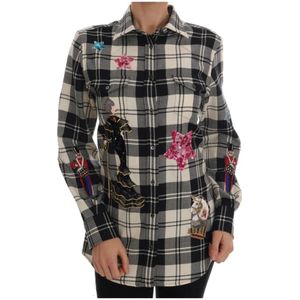 Dolce & Gabbana, Blouses & Shirts, Dames, Veelkleurig, S, Wol, Geruite Wollen Overhemd met Kristallen