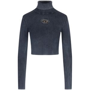 Diesel, Tops, Dames, Blauw, L, Blauwe Geribbelde Turtleneck Top met Ovaal D Logo