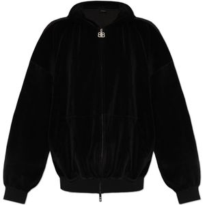 Balenciaga, Sweatshirts & Hoodies, Dames, Zwart, L, Velours hoodie met logo