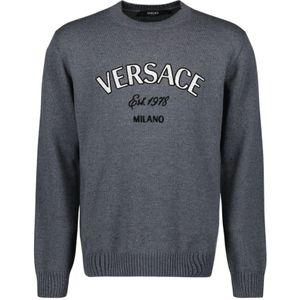 Versace, Sweatshirts & Hoodies, Heren, Grijs, L, Wol, Milano Geborduurde Trui