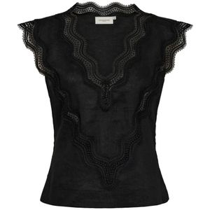 Copenhagen Muse, Zwarte Kant Detail V-Hals Top Zwart, Dames, Maat:M