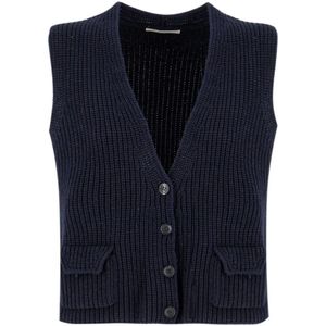 Le Tricot Perugia, Truien, Dames, Blauw, XS, Gebreid Vest met Diepe Halslijn