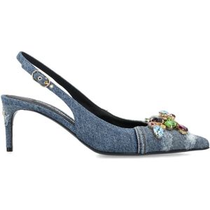 Dolce & Gabbana, Schoenen, Dames, Blauw, 36 EU, Katoen, Blauwe Patchwork Gemstone Slingback Schoenen