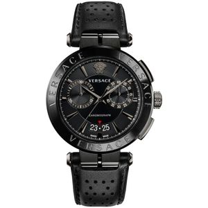 Versace, Chronograaf Leder Staal Horloge Zwart Zwart, Heren, Maat:ONE Size