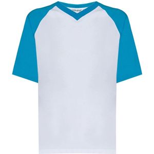 Victoria Beckham, Tops, Dames, Wit, XS, Katoen, Witte Geribbelde V-hals T-shirt met Blauwe Mouwen
