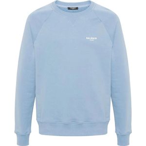 Balmain, Sweatshirts & Hoodies, Heren, Blauw, XL, Lichtblauwe Natuurlijke Flock Sweatshirt