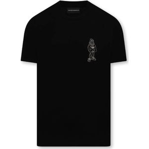 Emporio Armani, Zwarte korte mouwen katoenen T-shirt met geborduurd adelaar cartoon logo Zwart, Heren, Maat:L
