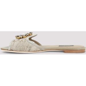 Dolce & Gabbana, Schoenen, Dames, Beige, 37 1/2 EU, Katoen, Sandaal met platte zool Sabbia kant