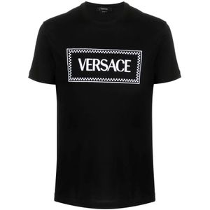 Versace, Zwarte Jersey Katoenen T-shirt met Logo Borduursel Zwart, Heren, Maat:S