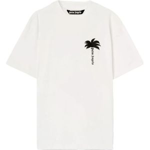 Palm Angels, Tops, Heren, Wit, S, Katoen, Logo Print Crew Neck T-shirt