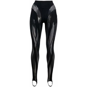 Mugler, Zwarte Doorschijnende Tule-Paneel Leggings Zwart, Dames, Maat:XS