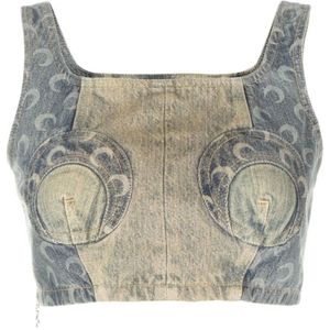 Marine Serre, Patchwork Maanprint Denim Top Blauw, Dames, Maat:S