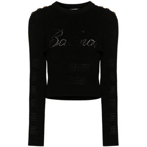 Balmain, Truien, Dames, Zwart, XS, Polyester, Zwarte Sweaters met Signature Trompe-lœil Logo