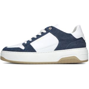 Nubikk, Schoenen, Dames, Blauw, 42 EU, Denim, Witte Leren Lage Sneakers met Blauwe Details