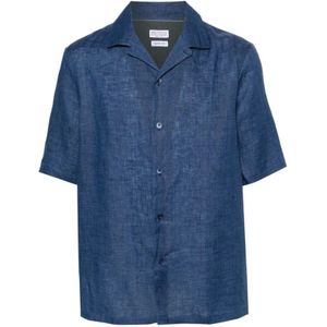 Brunello Cucinelli, Blauwe Katoen/Linnen Chambray Overhemd Blauw, Heren, Maat:S