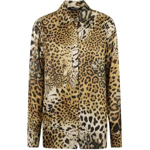 Roberto Cavalli, Zijden Overhemd met Luipaardprint Beige, Dames, Maat:M