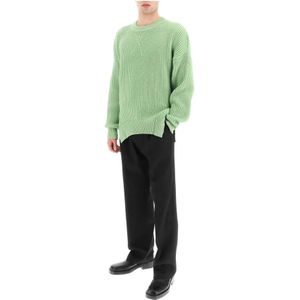 Jil Sander, Truien, Heren, Groen, L, Katoen, Oversized Ribgebreide Trui met Ronde Hals