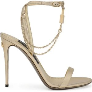 Dolce & Gabbana, Schoenen, Dames, Geel, 39 1/2 EU, Leer, Goudkleurige Sandalen met Hangslot Detail