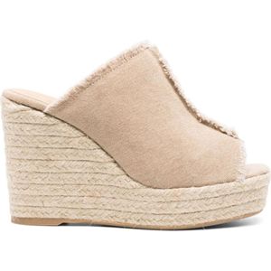 Castañer, Canvas Sandalen met Raffia Sleehak Beige, Dames, Maat:38 EU