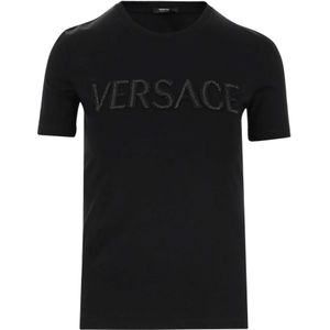 Versace, Tops, Dames, Zwart, 2Xs, Katoen, Zwart Katoenen Logo T-shirt