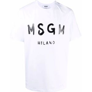 Msgm, Logo-print Wit Katoenen T-shirt Wit, Heren, Maat:S