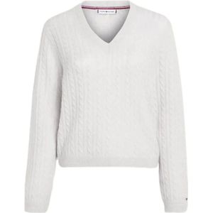 Tommy Hilfiger, Truien, Dames, Wit, M, Wol, Gebreide V-hals Trui met Twists