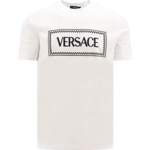 Versace, Tops, Heren, Wit, M, Katoen, Witte Ribgebreide Crew-neck T-shirt met Logo Borduursel