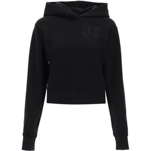 Palm Angels, Cropped Hoodie met Monogram Borduursel Zwart, Dames, Maat:S