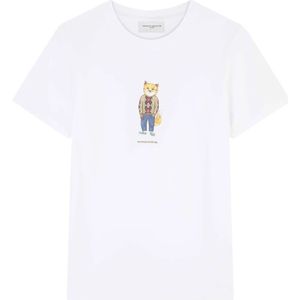 Maison Kitsuné, Katoenen T-shirt met vosprint Wit, Dames, Maat:S