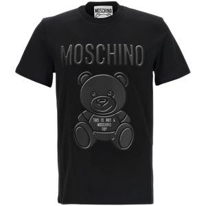 Moschino, Tops, Heren, Zwart, S, Zwart T-shirt met logo en Teddy Bear print