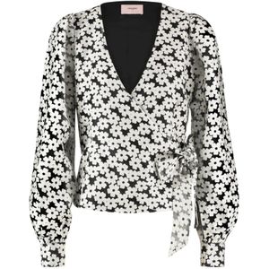 Freebird, Zwarte bloemenblouse met doorschijnende mouwen en V-hals Veelkleurig, Dames, Maat:S