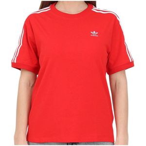 Adidas Originals, Rode dames T-shirt met witte strepen Rood, Dames, Maat:L