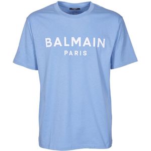 Balmain, Tops, Heren, Blauw, XL, Katoen, Logo Print Crew-neck T-shirt
