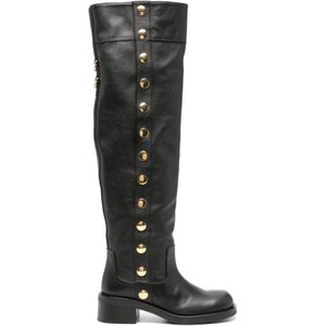 Moschino, Schoenen, Dames, Zwart, 40 EU, Leer, Zwarte Studs Kniehoge Laarzen