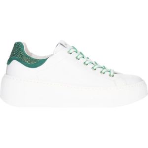 Nerogiardini, Schoenen, Dames, Wit, 39 EU, Suède, Groene Leren Sneakers met Strass Detail