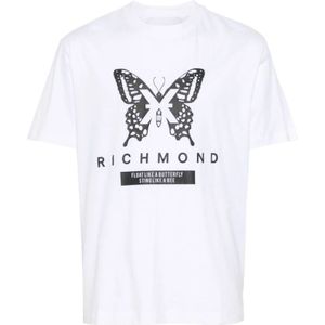 John Richmond, Tops, Heren, Wit, L, Katoen, Butterfly Print Crew Neck T-shirt