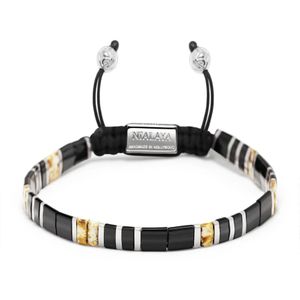Nialaya, Men's Bracelet with Black, White Marbled and Silver Miyuki Tila Beads Zwart, Heren, Maat:XL