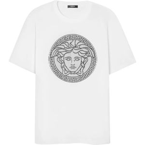 Versace, Tops, Heren, Wit, L, Katoen, Geborduurd Logo Crew Neck T-shirts