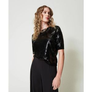 Twinset, Tops, Dames, Zwart, XS, Wol, Zwarte pailletten geborduurde wollen shirt