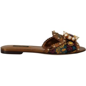 Dolce & Gabbana, Schoenen, Dames, Veelkleurig, 36 EU, Leer, Platte sandalen met bloemenprint