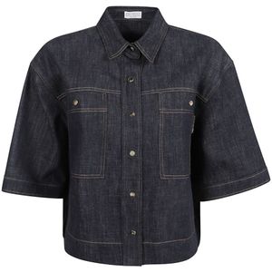 Brunello Cucinelli, Blouses & Shirts, Dames, Blauw, M, Denim, Denim Heavy Tab Monile Overhemd
