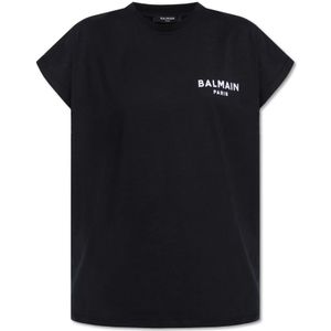 Balmain, Tops, Dames, Zwart, S, Katoen, T-shirt met logo