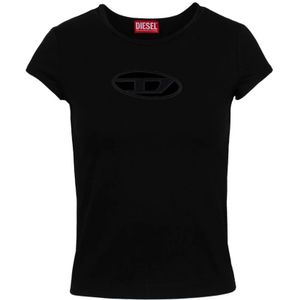 Diesel, Tops, Dames, Zwart, S, Katoen, Logo-Cut Stretch-Katoenen T-Shirt