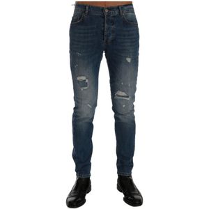 Frankie Morello, Jeans, Heren, Blauw, W36, Katoen, Slim Fit Logo Jeans Blauwe Wassing