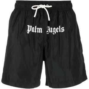 Palm Angels, Zwarte Logo-Print Zwembroek Zwart, Heren, Maat:S