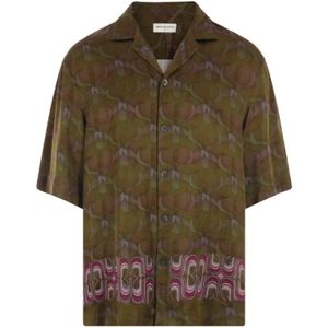 Dries Van Noten, Overhemden, Heren, Groen, L, Bruine Zijden Geometrische Print Bowling Shirt