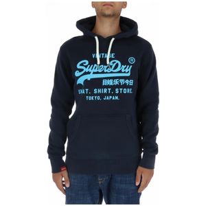 Superdry, Sweatshirts & Hoodies, Heren, Blauw, XL, Katoen, Blauwe Print Lange Mouw Sweatshirt