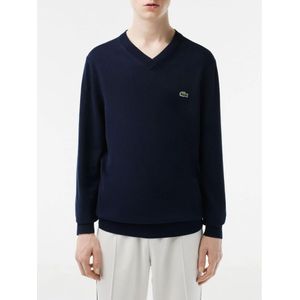 Lacoste, Truien, Heren, Blauw, L, Katoen, Blauwe Katoenen Trui met V-Hals en Geborduurd Logo