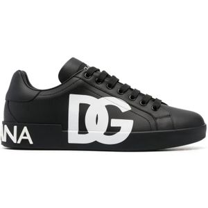 Dolce & Gabbana, Schoenen, Heren, Zwart, 40 1/2 EU, Leer, Zwarte Sneakers Stijlvol Logo Print