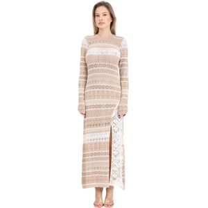 Akep, Lange Mouw Crème Gebreide Jurk Beige, Dames, Maat:XS